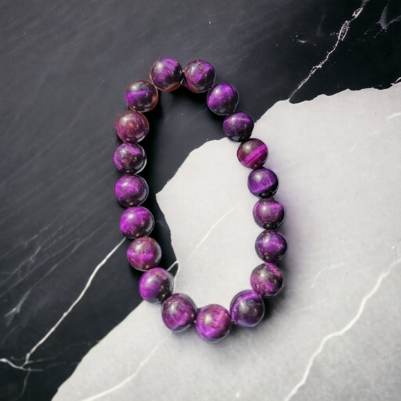 Purple Tiger Eye Bracelet 10mm Natural Stones Stretch Crystals Unisex Healing - Picture 2 of 3